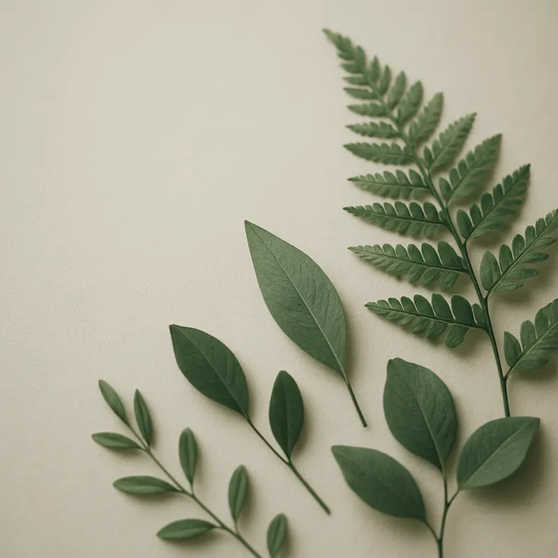 Fern and eucalyptus leaves arranged on a neutral background